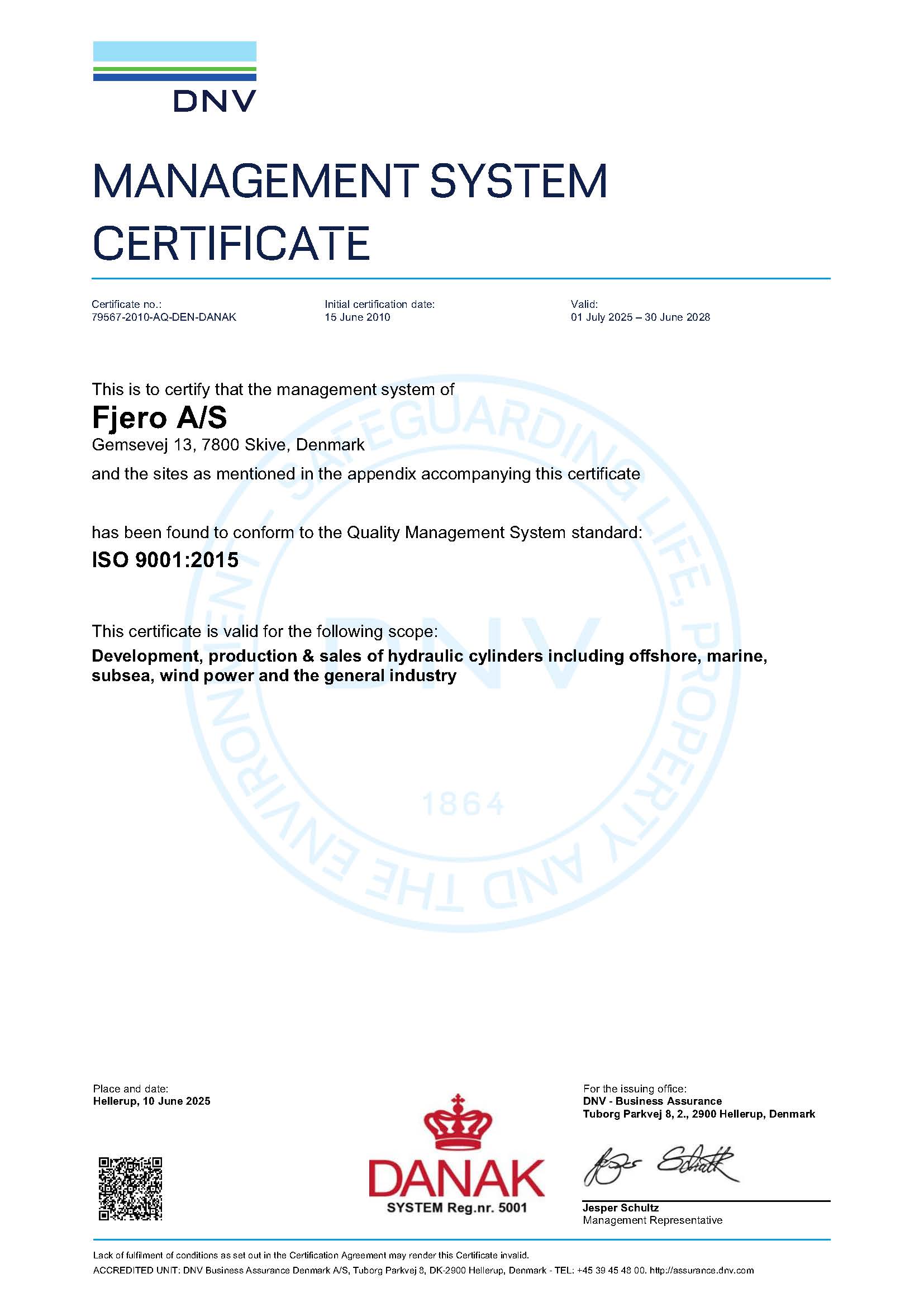 Management system cerificate iso9001:2015 Fjero har opnået ISO 9001:2015-certifikat